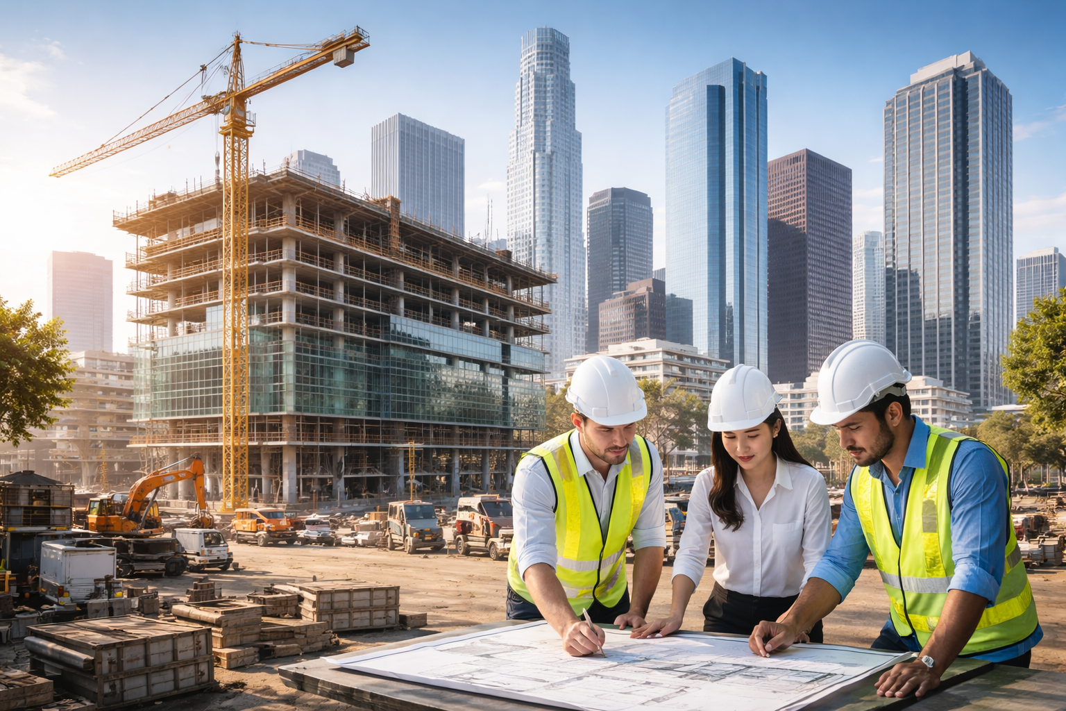 Construction workers reviewing blueprints on a construction site with a city skyline in the background.