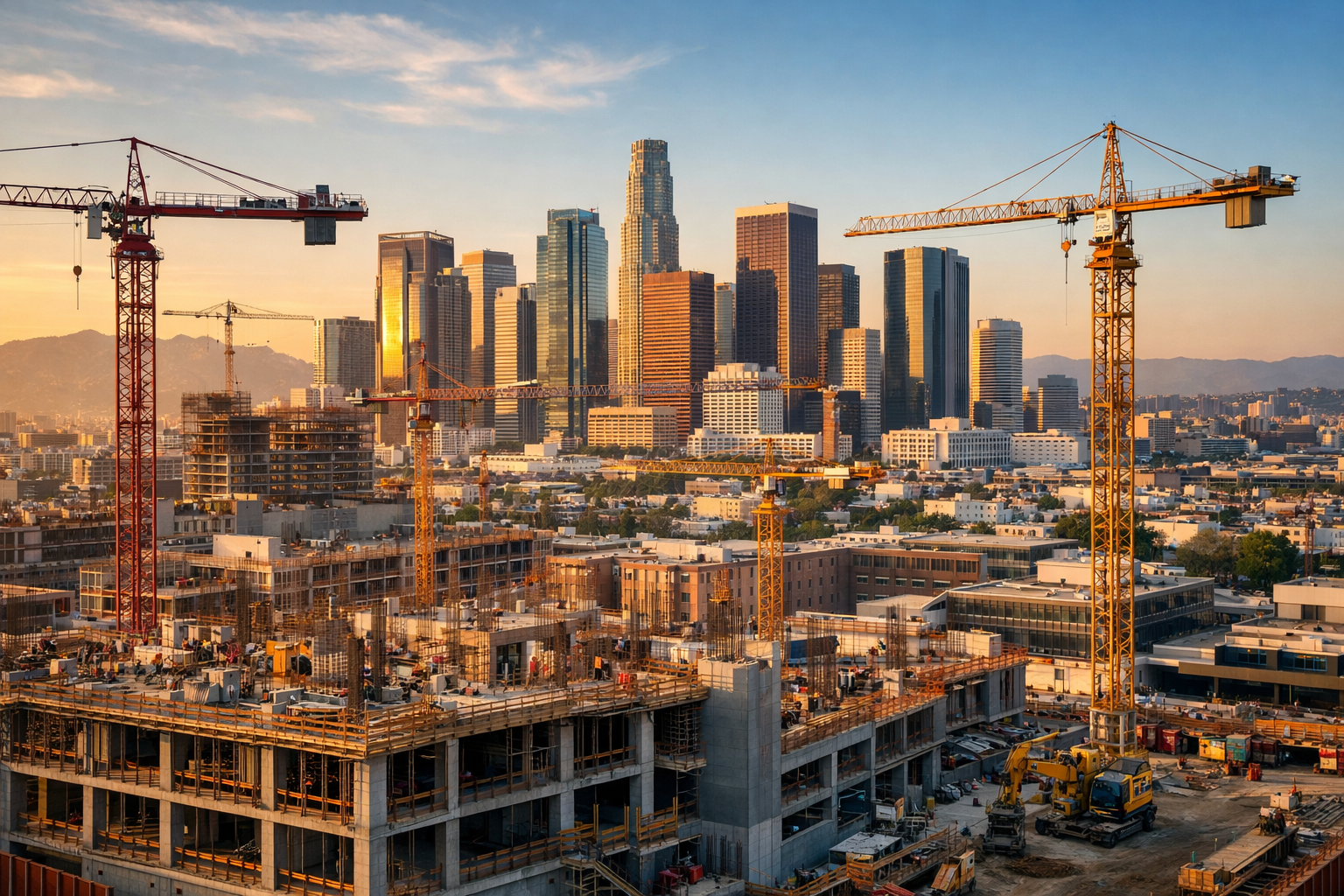 Construction site with cranes in front of a city skyline at sunset.