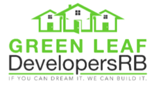 Logo for Green Leaf Developers RB, with green house icons and text, tagline: 