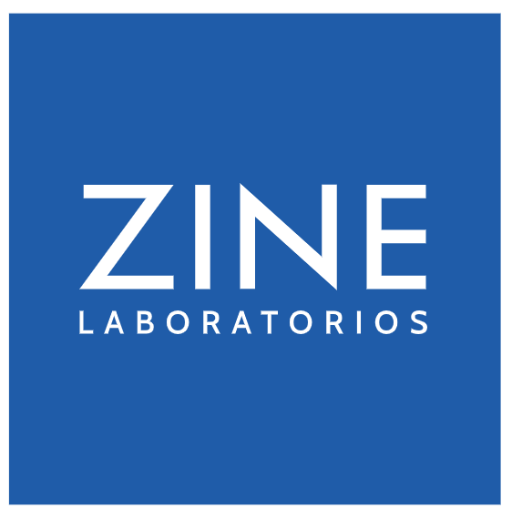 Logotipo de Zine Laboratorios con texto blanco sobre fondo cuadrado azul.