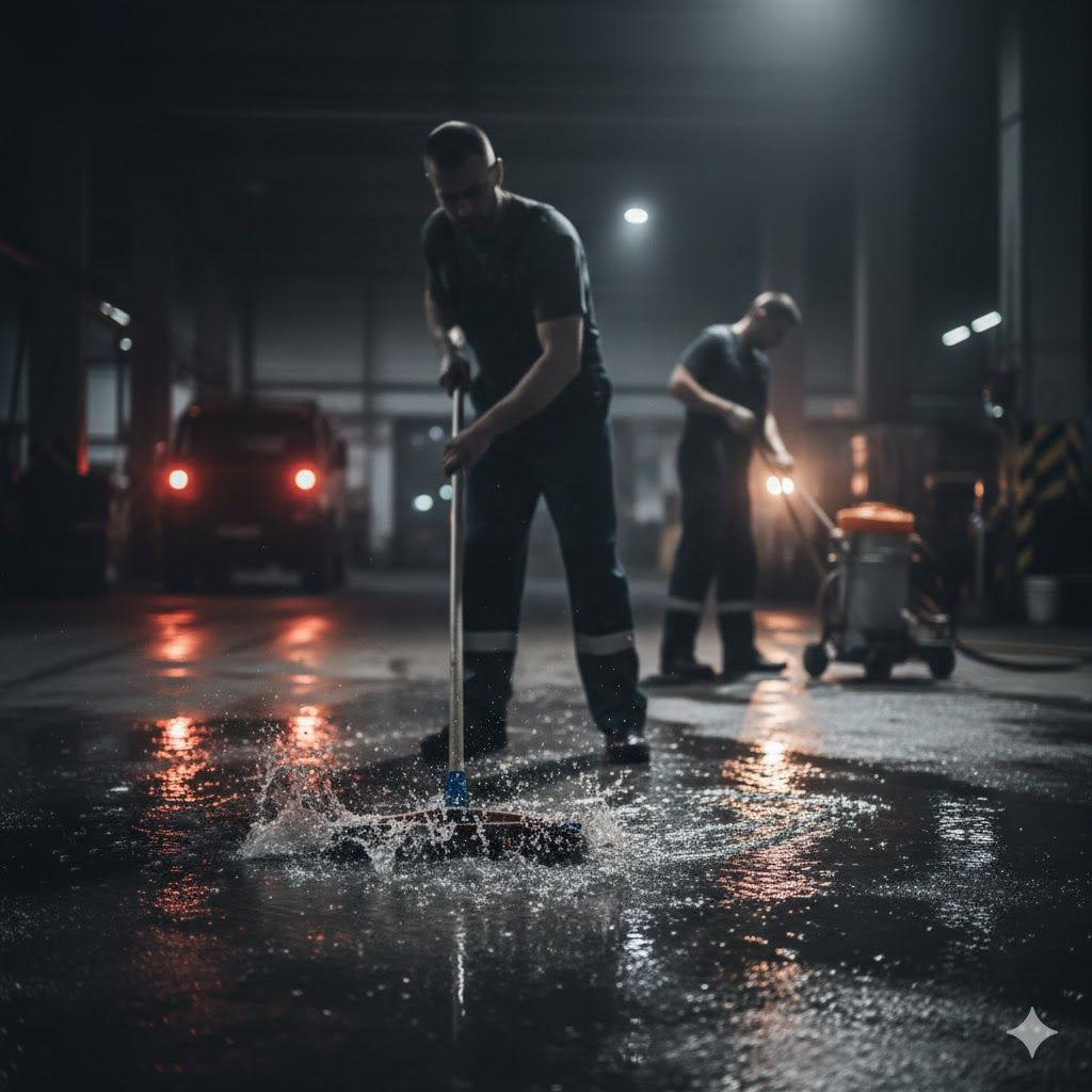 Two workers cleaning a wet, industrial floor; one mopping, the other vacuuming. Dimly lit garage.