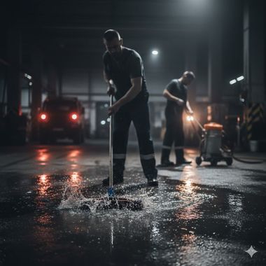 Two workers cleaning a wet, industrial floor; one mopping, the other vacuuming. Dimly lit garage.