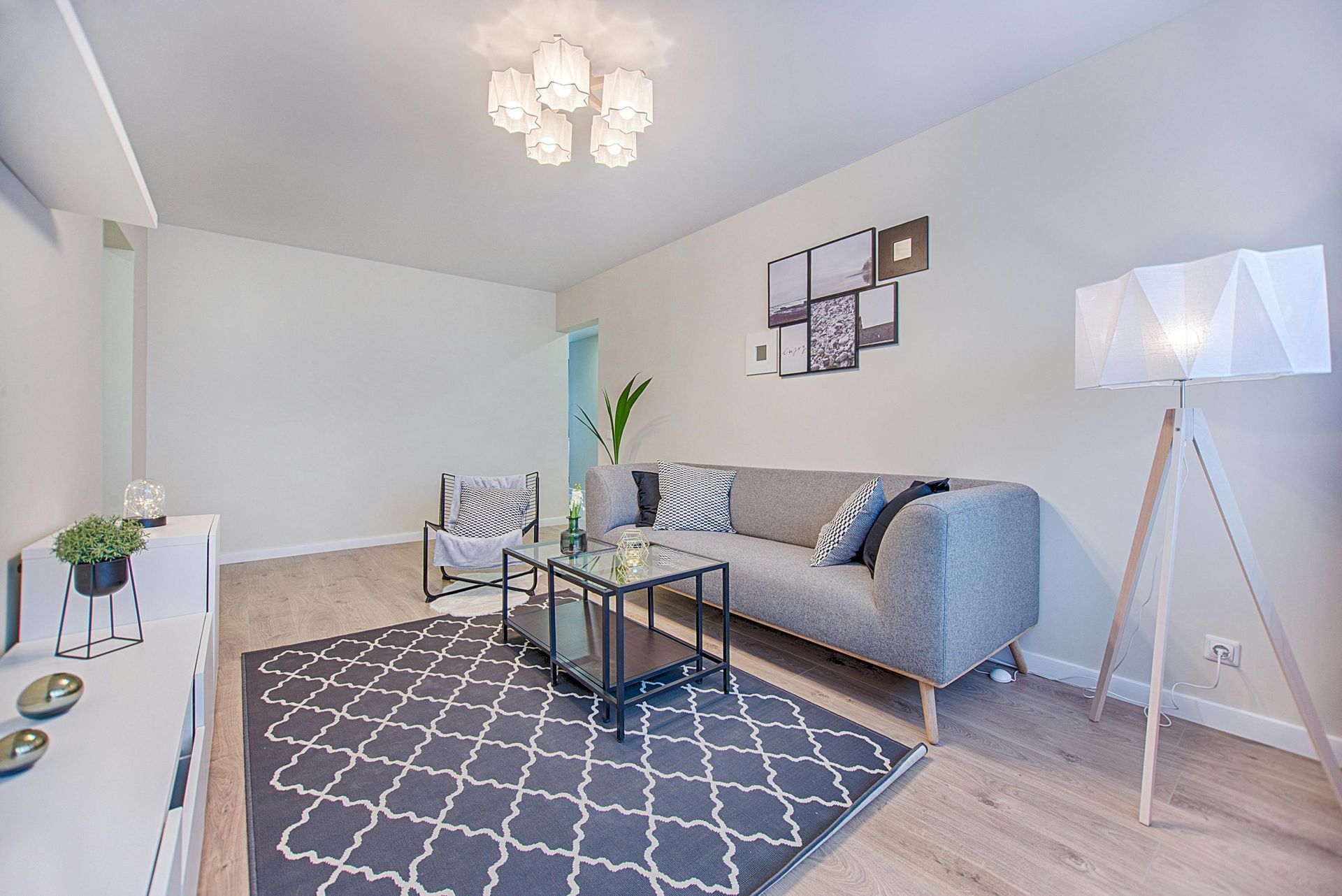Living room with gray sofa, patterned rug, coffee table, lamp, and white walls.