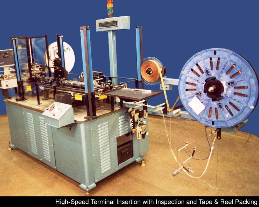 A machine that says high speed terminal insertion with inspection and tape & roll packing
