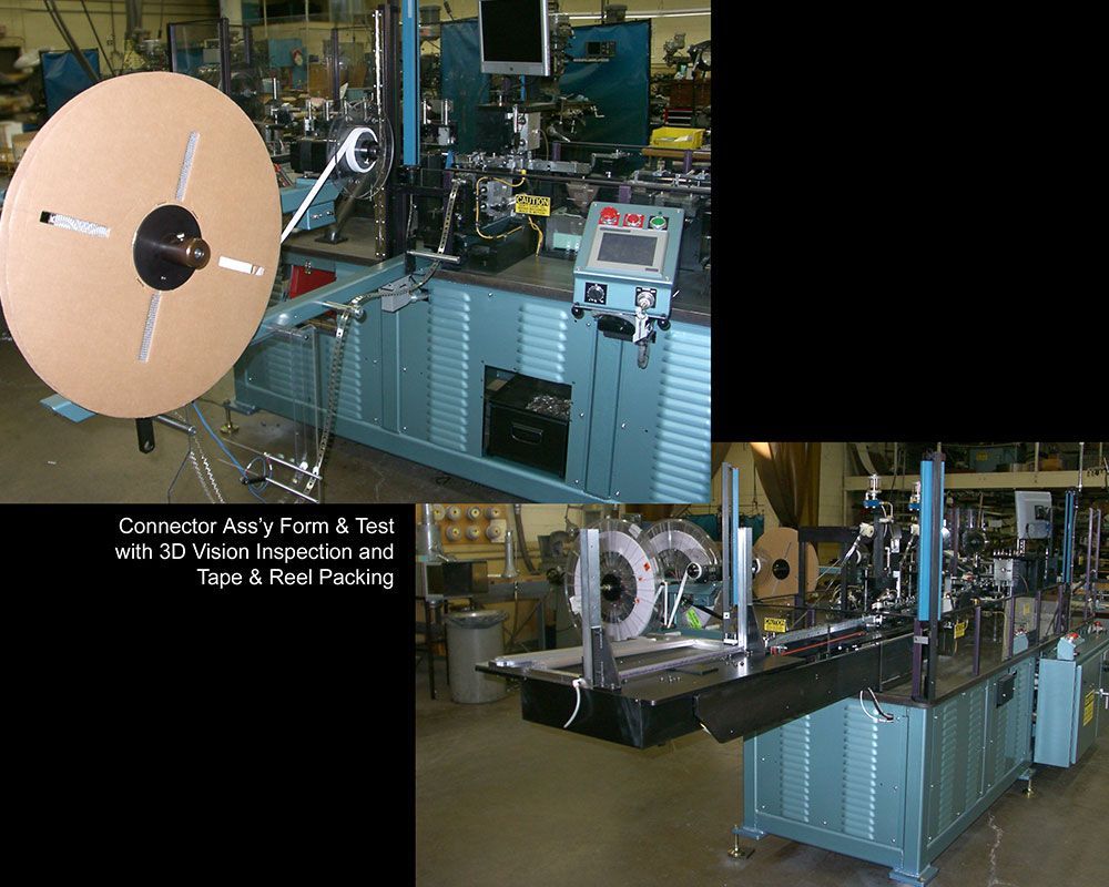 A machine in a factory with the words connector am 's form & tool with 3d vision inspection and tape & reel packing