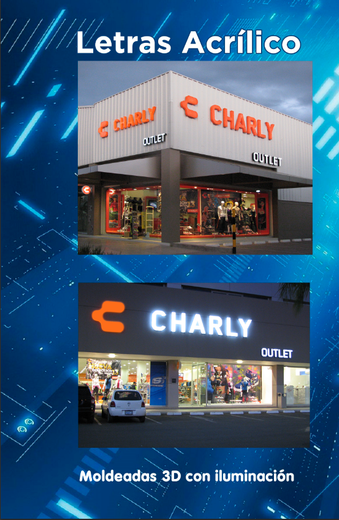 Una imagen de una tienda Charly con un fondo azul.