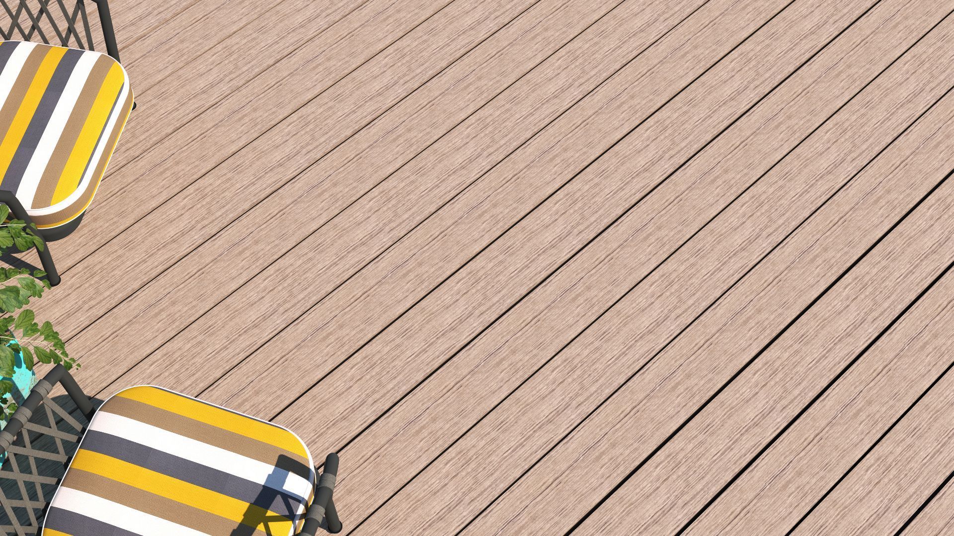 Part of a striped patio chair and plant on a textured wooden deck.