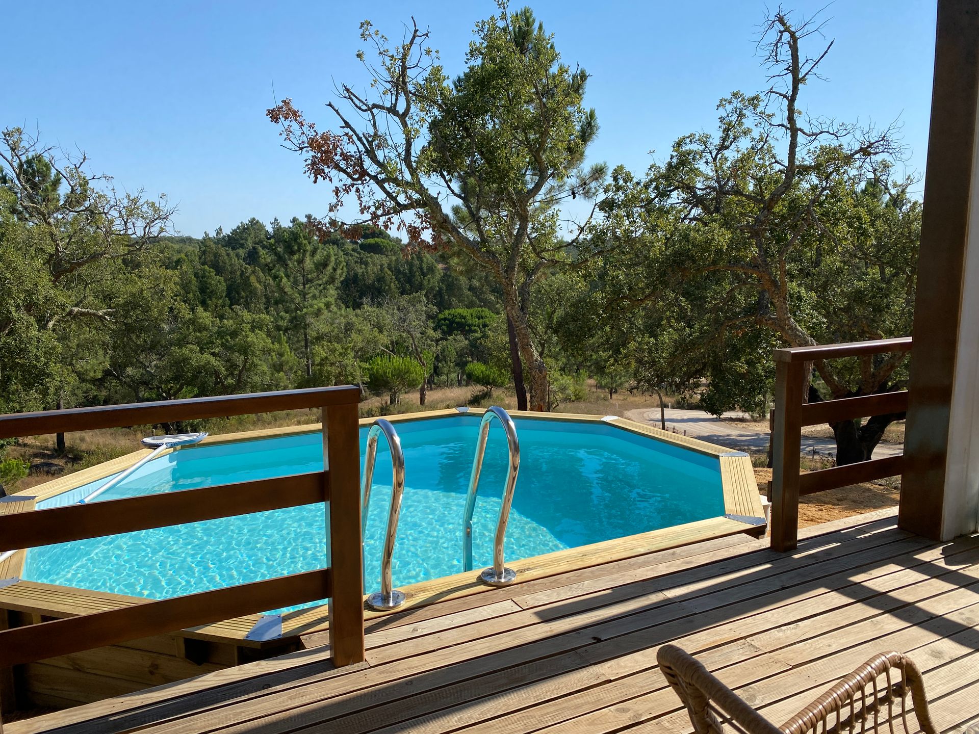 A large swimming pool is surrounded by trees and a wooden deck.