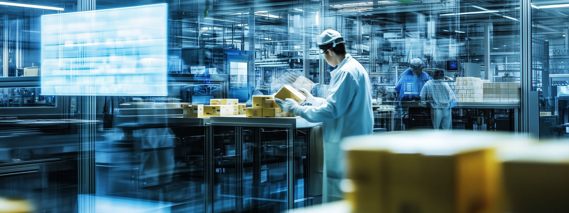 Man in lab coat sorting boxes in a futuristic factory setting with digital overlays.