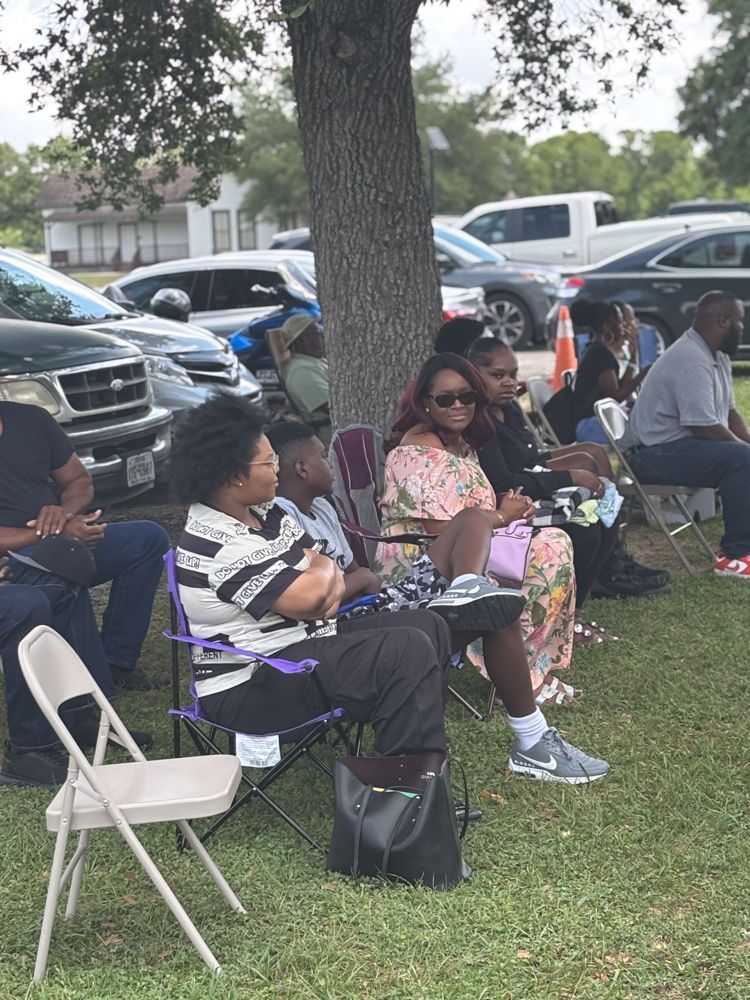A group of people are sitting under a tree in a park.