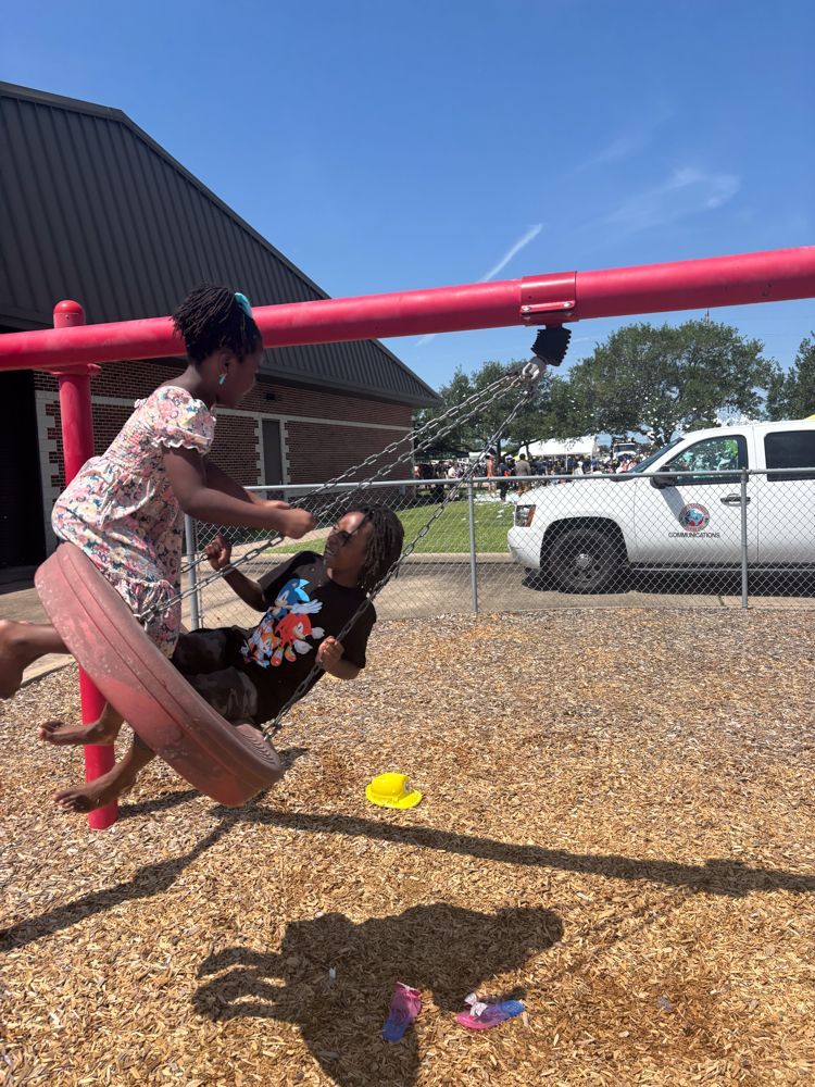 A woman and a child are playing on a tire swing at a playground.