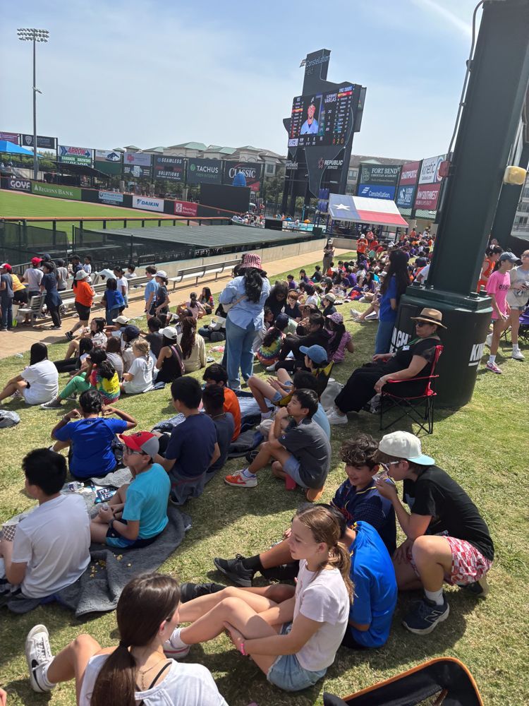 A group of people are sitting on the grass at a baseball game.
