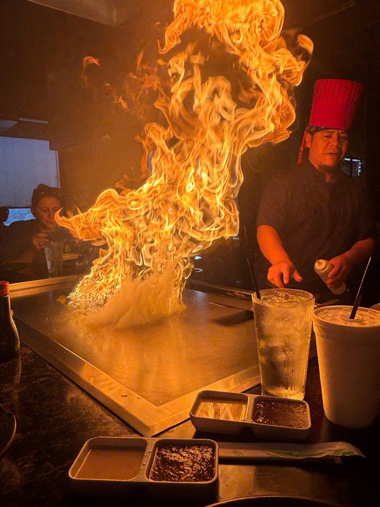 A chef is cooking food on a grill with flames coming out of it.