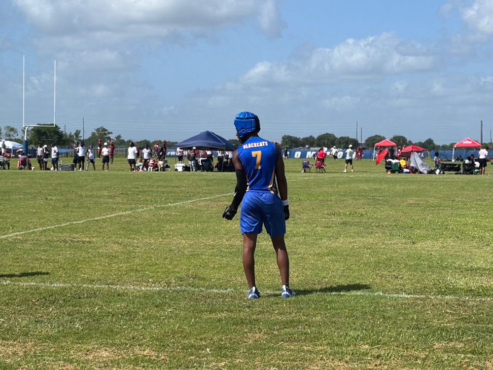A football player is standing in the middle of a field.
