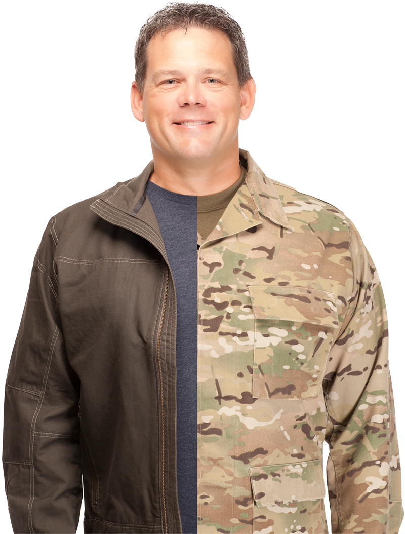 A man wearing a leather jacket and a camouflage jacket