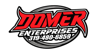Red and black "DOMER" logo with "ENTERPRISES" and phone number over a gray circular design.
