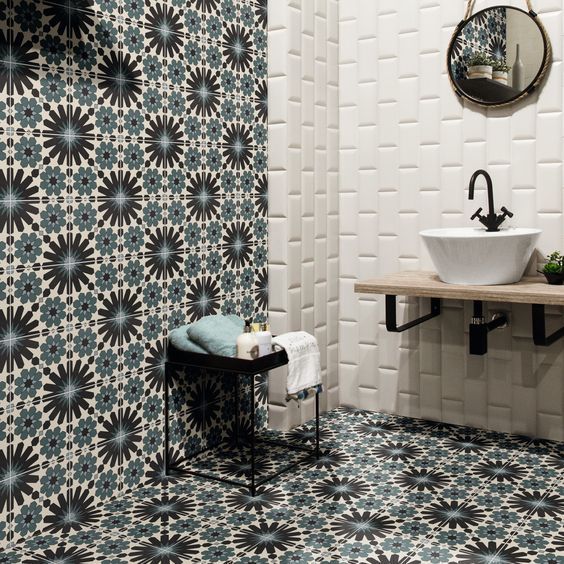 Lovely tiled bathroom with geometric patterns