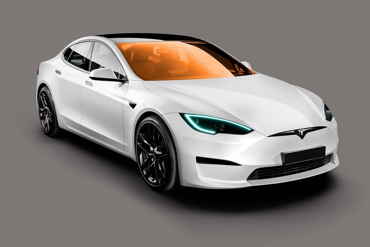 A white tesla model s with an orange windshield on a gray background.