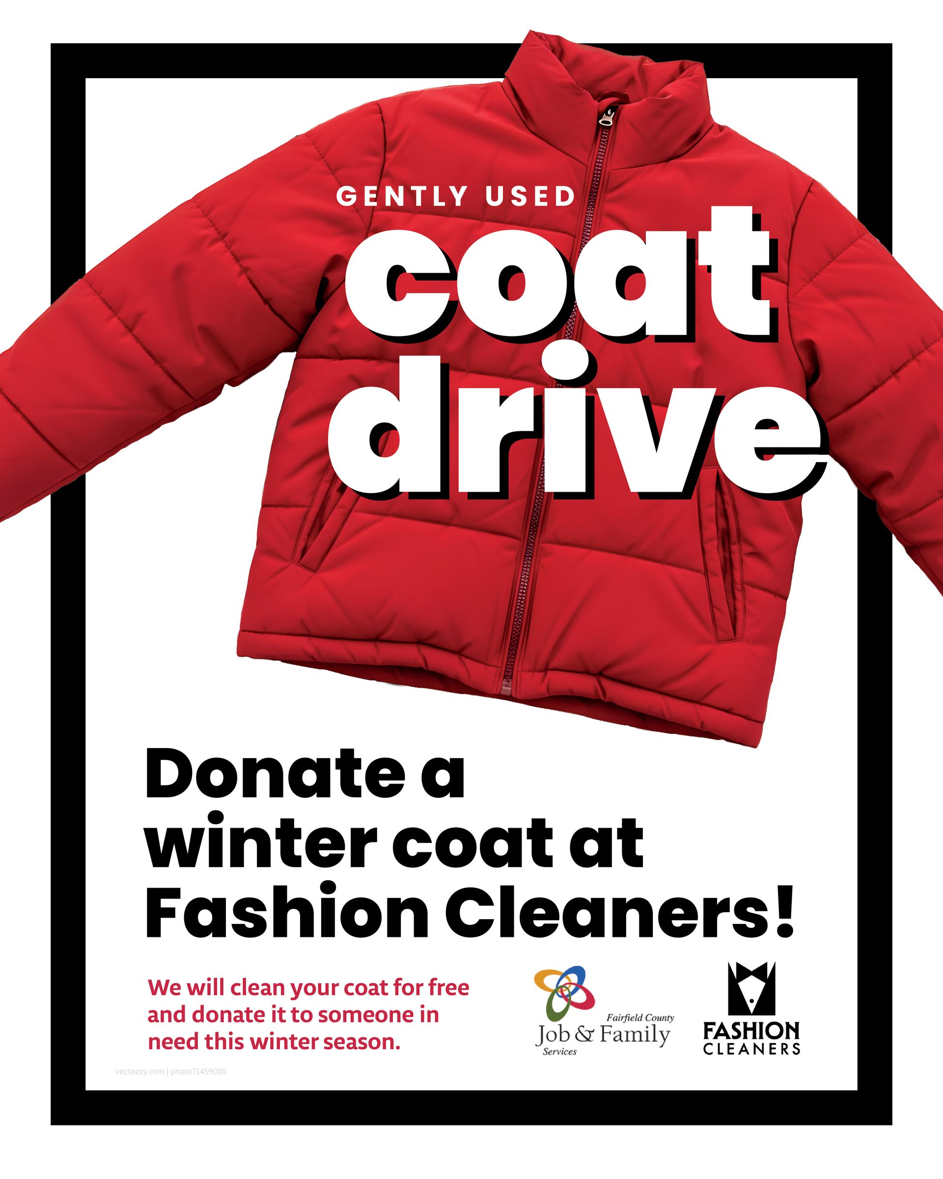 bright red coat with the headline Gently Used Coat Drive