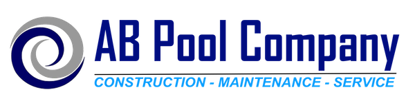 Logo for AB Pool Company. The logo features a blue and grey swirl design, bold blue text, and a horizontal line below the company name with the words, 