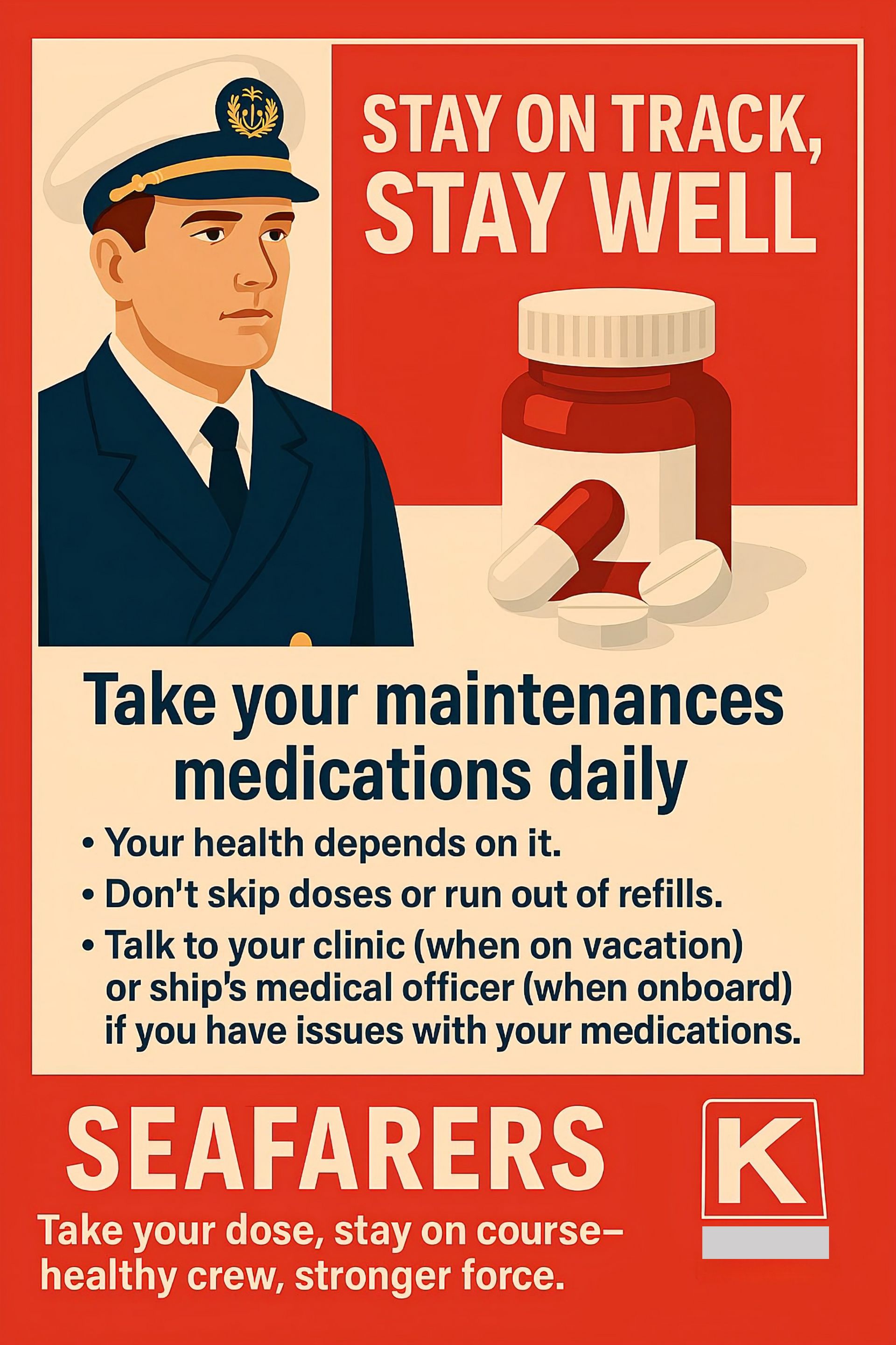 Poster: a seafarer in uniform and a pill bottle with the message 