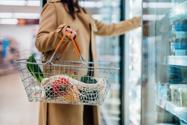 Person in tan coat reaching for refrigerated items, holding a shopping basket with groceries.