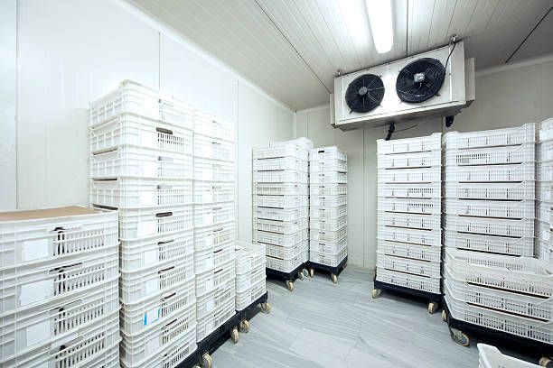 White crates stacked inside a walk-in freezer. An air conditioning unit is on the wall.