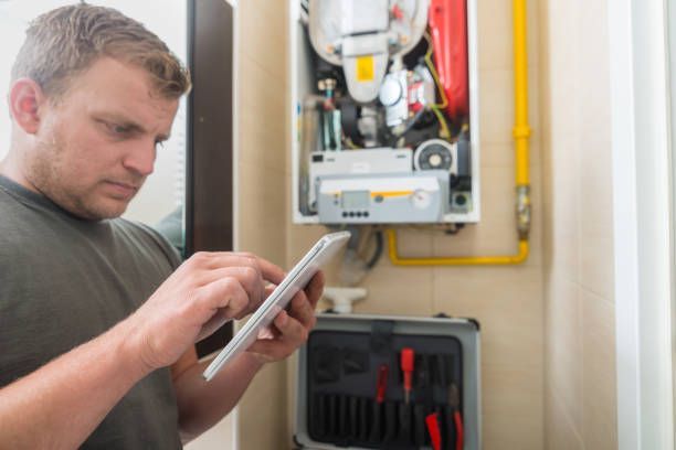 Man using tablet, examining a boiler with open panel, a toolbox is below.
