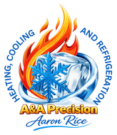 Logo for A&A Precision: A flame-shaped design with a blue-orange gradient, a snowflake, and text