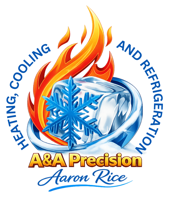 Logo for A&A Precision: A flame-shaped design with a blue-orange gradient, a snowflake, and text 