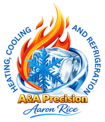 Logo for A&A Precision: A flame-shaped design with a blue-orange gradient, a snowflake, and text