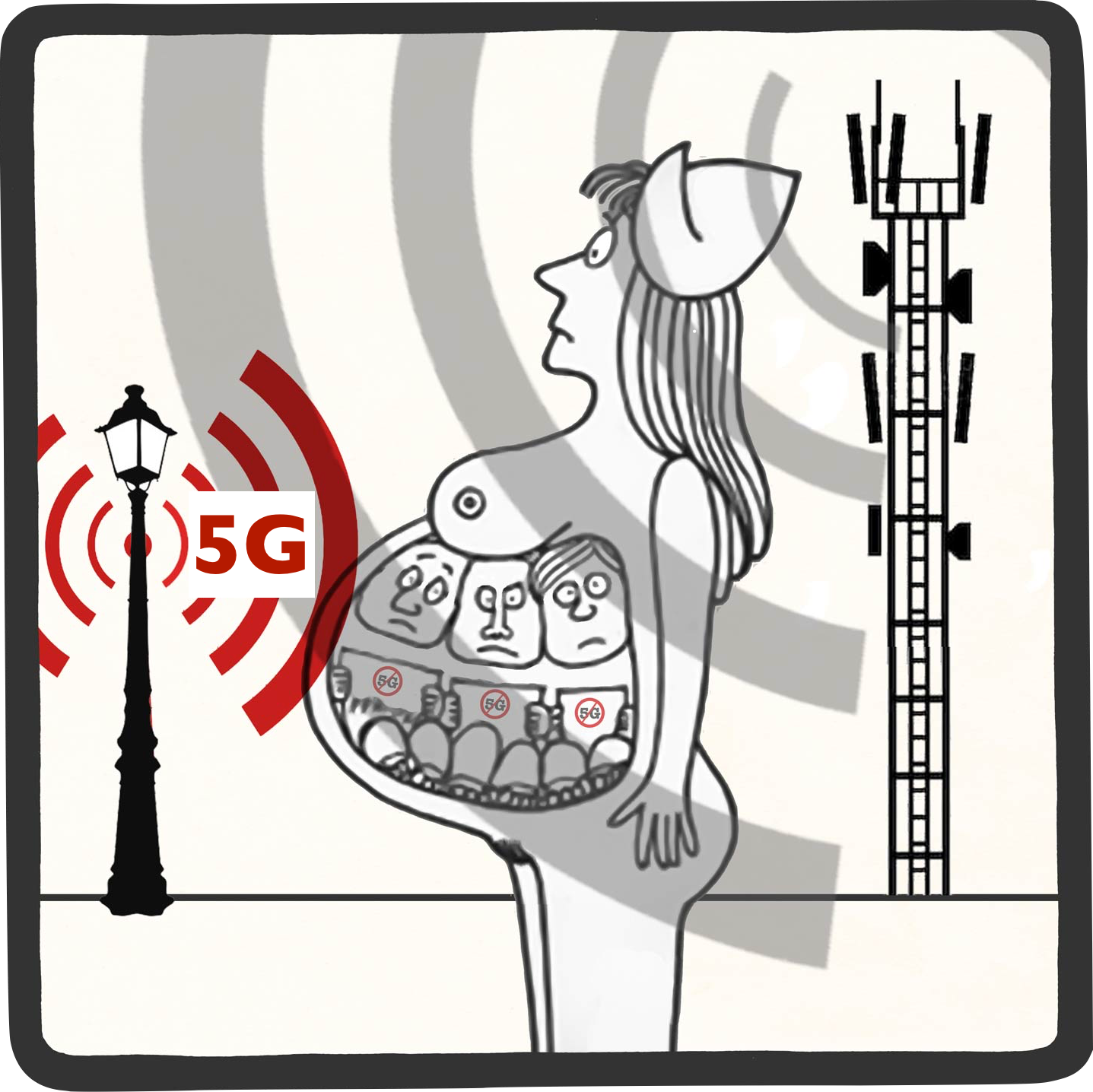 Een cartoon van een zwangere vrouw omringd door 5g-straling en zendmasten