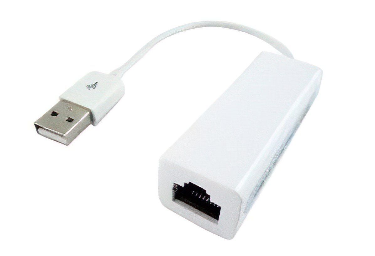 Een witte USB-naar-Ethernet-adapter op een witte achtergrond