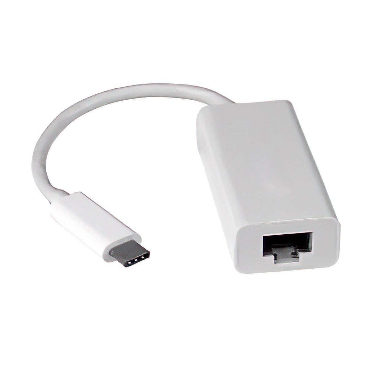 Een witte usb c naar ethernet-adapter op een witte achtergrond