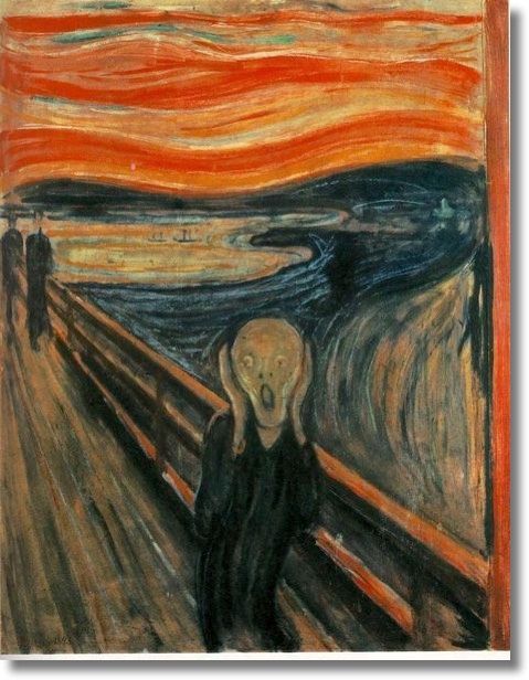 Een schilderij van een schreeuwende persoon op een brug, schilderij van  Edvard Munch uit 1893.