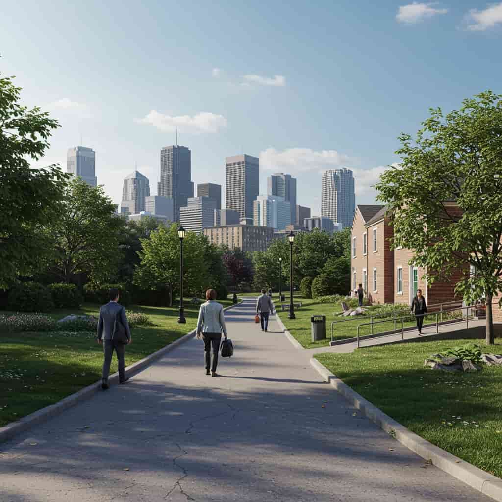 pathway to an ADA friendly Airbnb, urban park and a midwest downtown