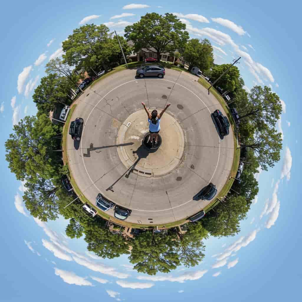 Overhead 360 photo of a woman outside with her arms up in the air in enjoyment