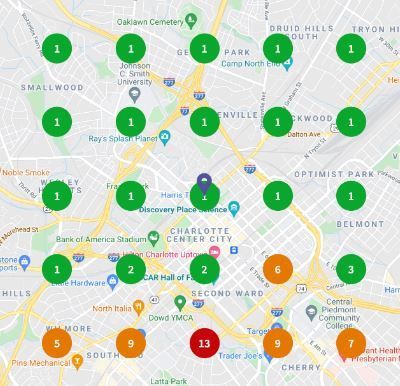 A map of center city with green circles and red circles.