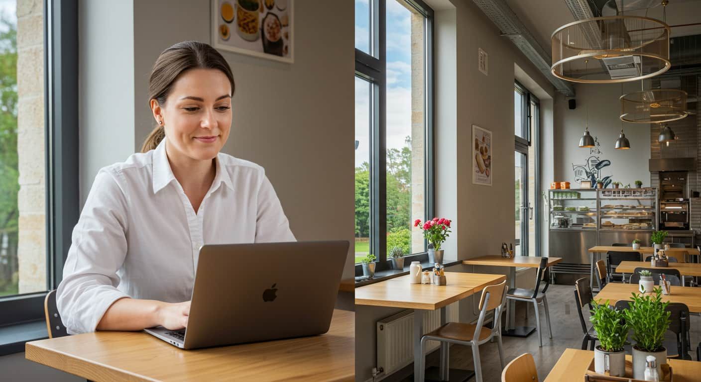 Business owner looking happily at her laptop at her business location