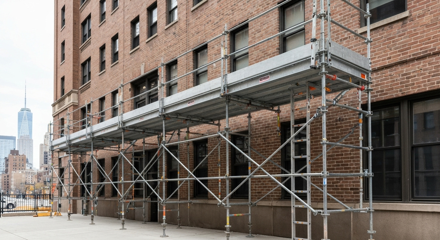 Scaffolding outside a brick building, covering the sidewalk.