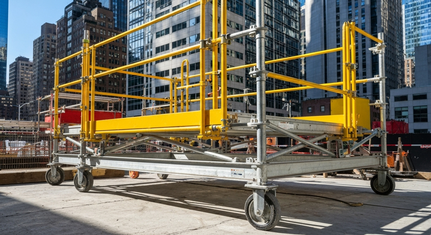 Yellow and silver mobile scaffolding on a city construction site.