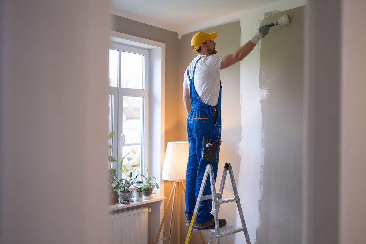 A man is standing on a ladder painting a wall.