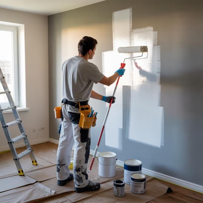 Person painting a gray wall white with a roller; paint cans and ladder present.