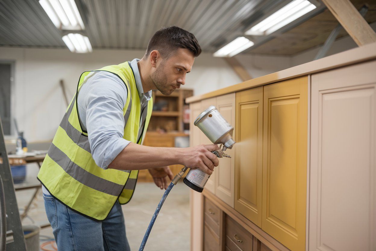 A man wearing a mask and gloves is painting a wooden cabinet.