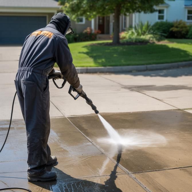 Person in jumpsuit pressure washing a concrete driveway.