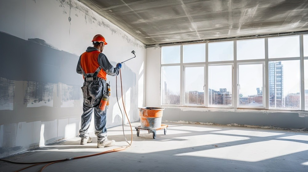 Construction worker spraying paint on a wall inside a building under construction, holding a spray gun.
