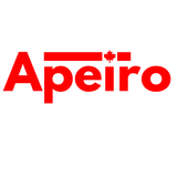 A red and white logo for apeiro construction
