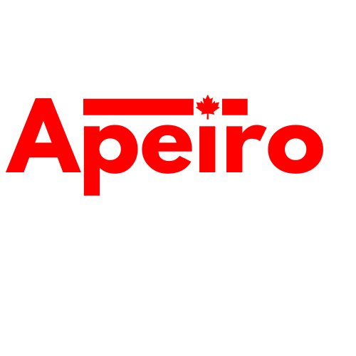 A red and white logo for apeiro construction