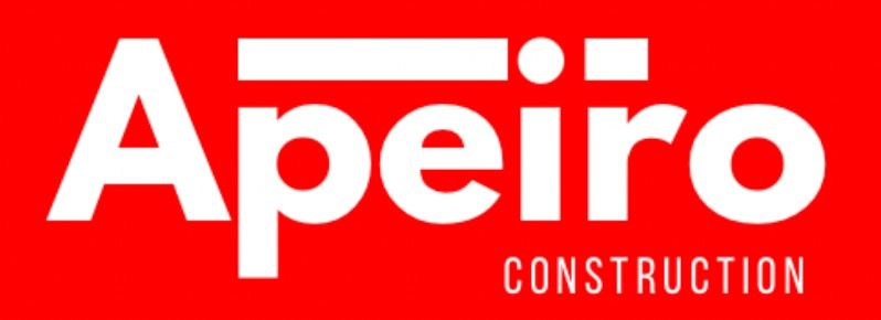 A red and white logo for apeiro construction