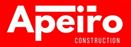 A red and white logo for apeiro construction